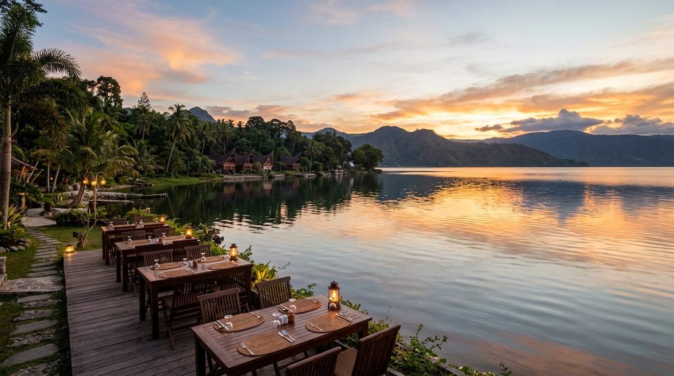 A wide shot of a serene Lake Toba at sunset, with traditional Batak houses visible on the shore and a restaurant patio subtly lit, hinting at dining experiences.