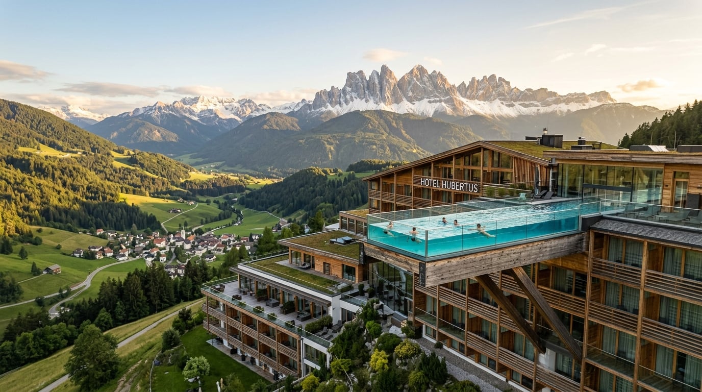 An aerial, wide-angle view of the Alpin Panorama Hotel Hubertus, showcasing its iconic cantilevered rooftop infinity pool against the stunning backdrop of the snow-capped Dolomites in South Tyrol, Italy.