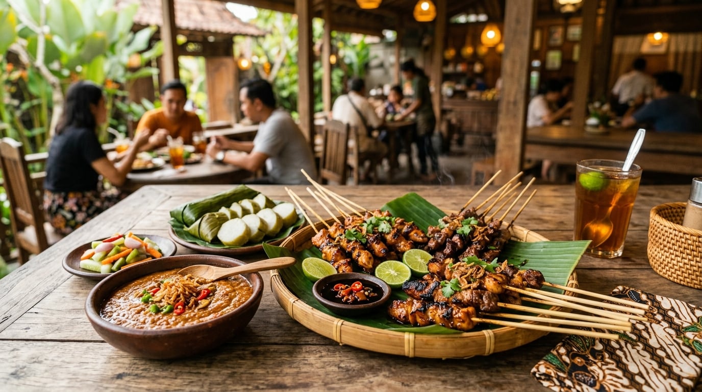 A wide, inviting shot of a beautifully presented Indonesian satay platter with various condiments and a refreshing drink, set on a restaurant table with a blurred background suggesting a lively dining atmosphere in Java.
