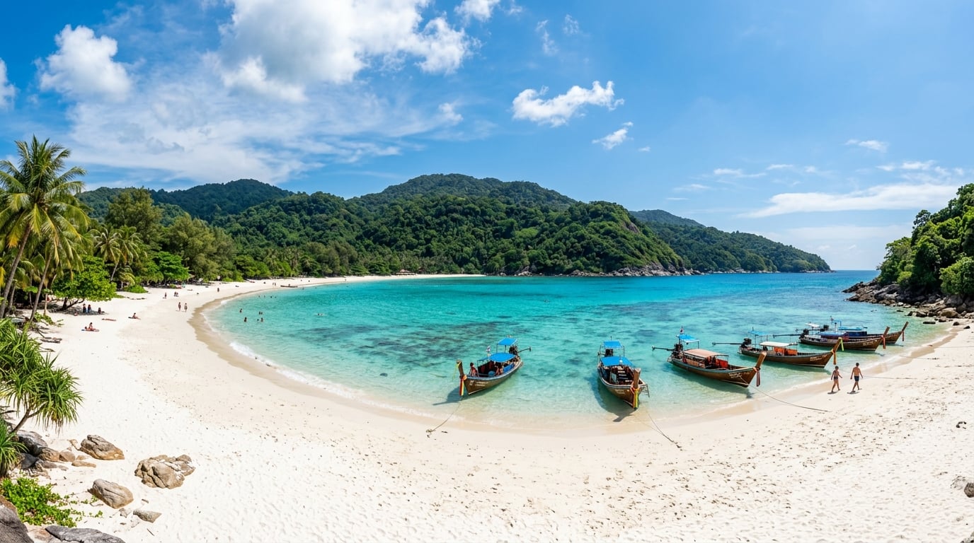 A wide, panoramic view of a beautiful beach in Phuket, Thailand, with clear turquoise water, white sand, and lush green hills in the background under a sunny sky. Longtail boats are gently bobbing in the water.