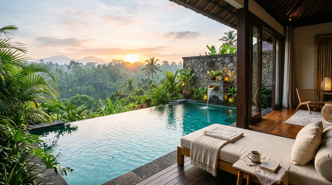 A luxurious private plunge pool overlooking a lush tropical jungle at a high-end resort, with a comfortable daybed nearby.