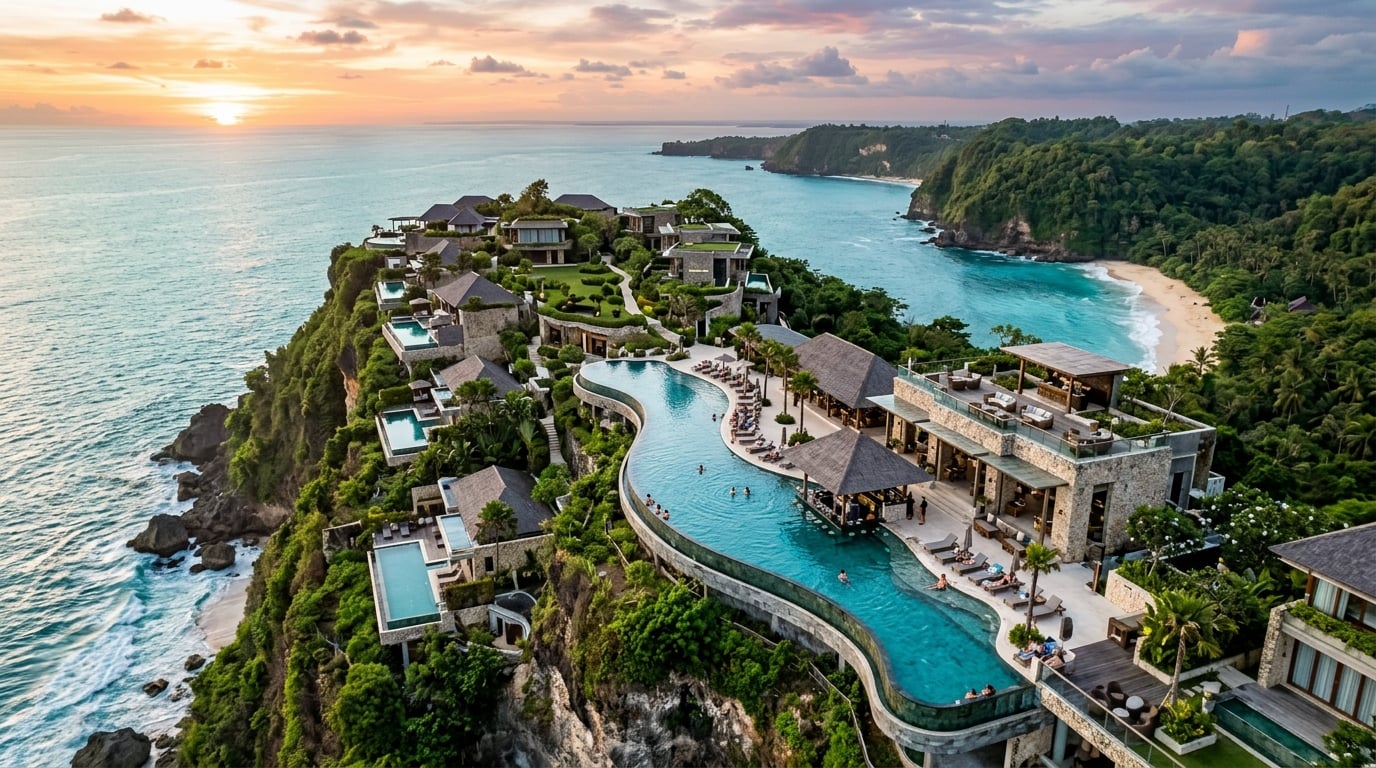 An aerial view of a luxurious resort nestled into a stunning natural landscape, showcasing beautiful architecture and an inviting infinity pool overlooking a vibrant blue sea.