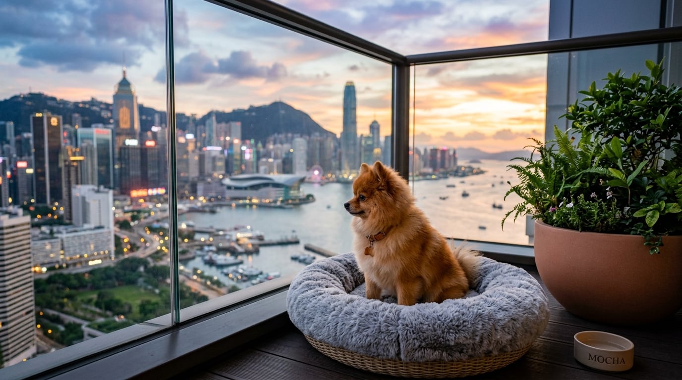 A small, fluffy dog looks out from a luxury hotel balcony overlooking a city skyline at sunset.