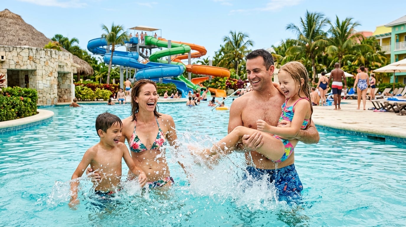 A happy family with two children enjoying a vibrant, family-friendly Caribbean resort pool with water slides in the background under a sunny sky.