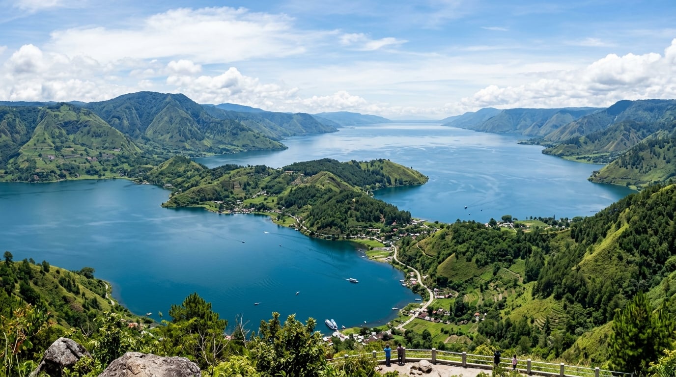 A wide, panoramic view of the vast Lake Toba caldera, with lush green hills surrounding the deep blue waters and Samosir Island visible in the distance under a clear sky.