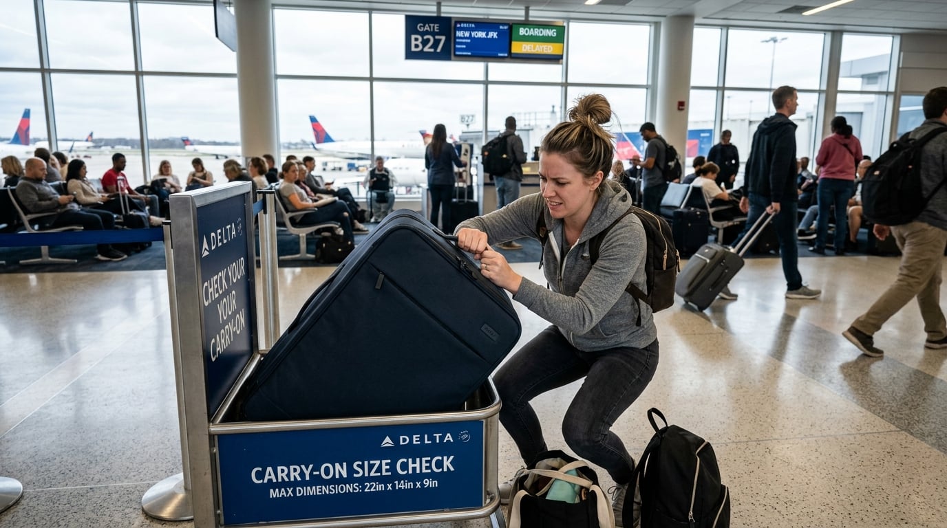 A traveler in an airport terminal hallway struggles to fit an oversized carry-on bag into a metal sizing bin, with other passengers walking by in the background.