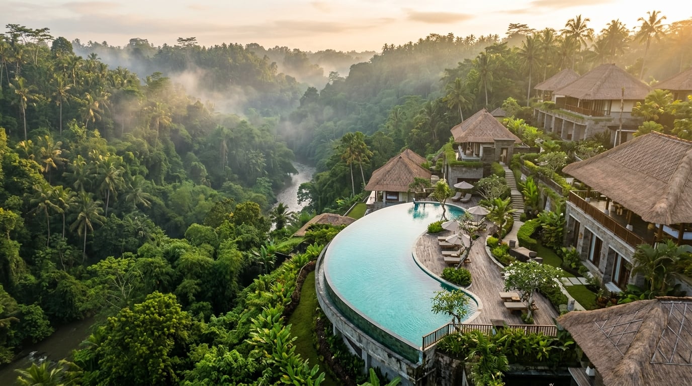 An aerial view of a luxurious resort infinity pool overlooking a dense, vibrant green jungle valley in Ubud, Bali, at sunrise.
