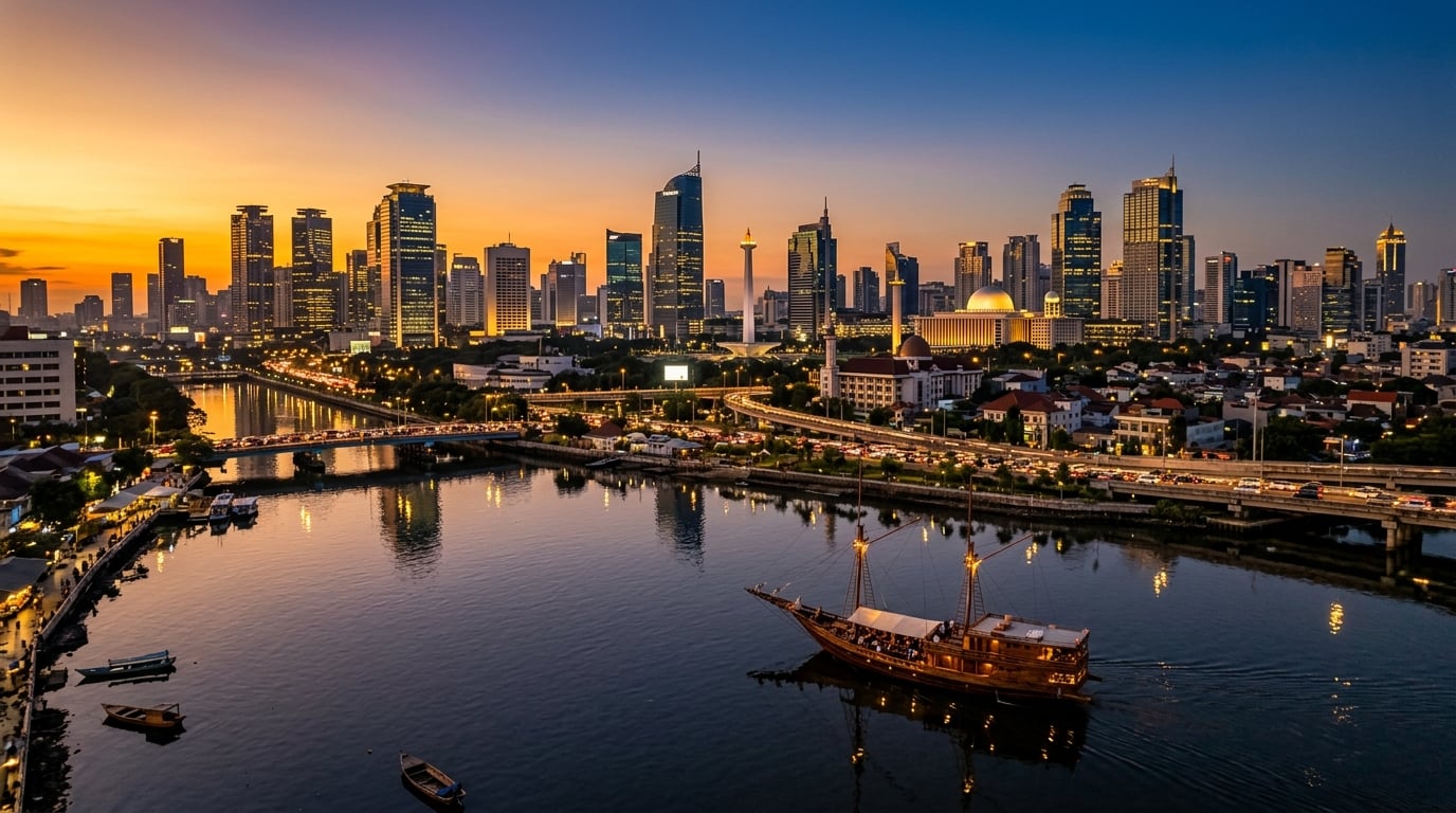 A vibrant panorama of Jakarta's modern skyline at dusk, with illuminated skyscrapers reflecting in a river, and traditional boats gently passing by, symbolizing the city's blend of tradition and modernity.