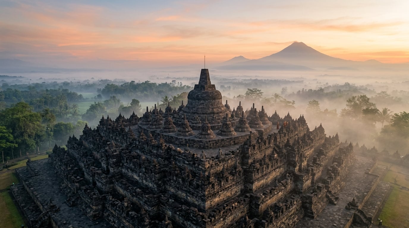 A wide shot of Borobudur Temple at sunrise with Mount Merapi in the background.