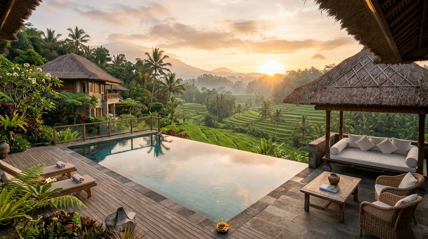A luxurious private villa with an infinity pool overlooking lush green rice terraces and palm trees in Ubud, Bali, at sunrise.
