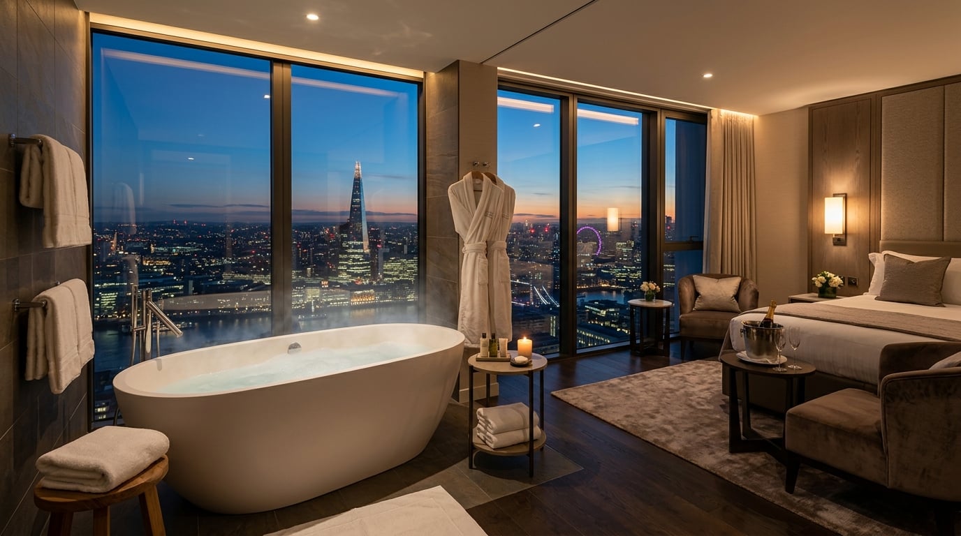 A luxurious hotel room features a large private jacuzzi tub positioned next to a wide window overlooking a scenic city view, with soft lighting and elegant decor.
