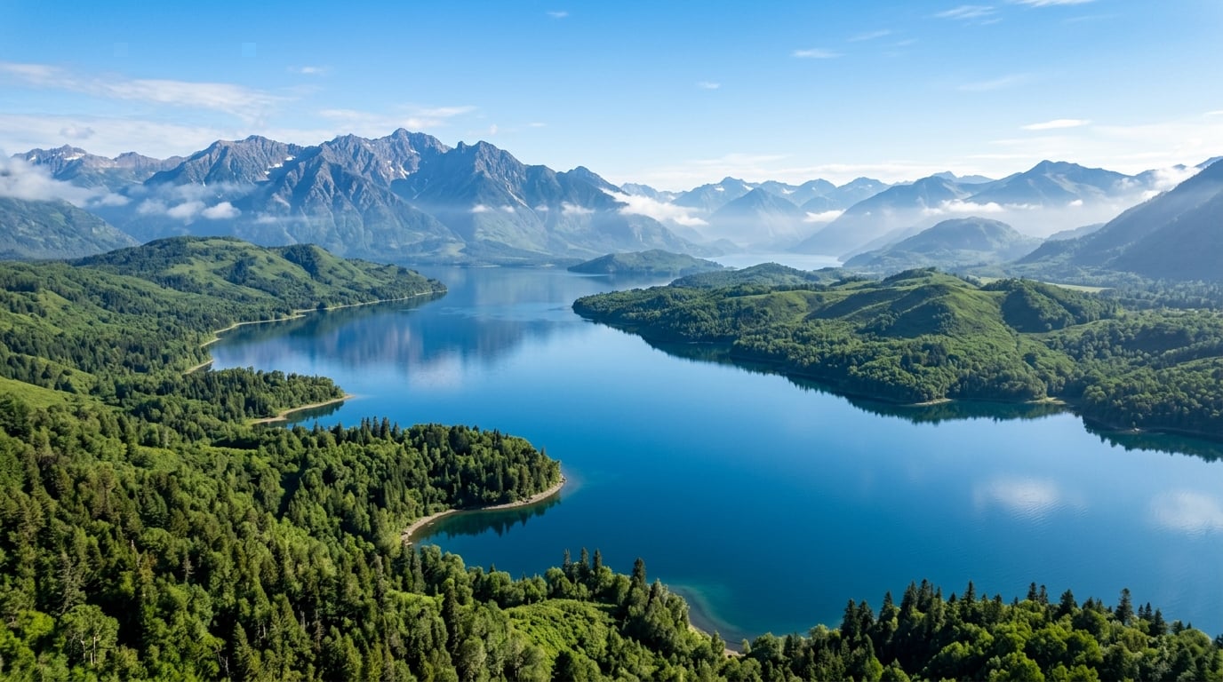 A breathtaking wide aerial view of Lake Tuba surrounded by lush green hills, dense untouched forests, and distant majestic mountains under a clear blue sky, inviting exploration.