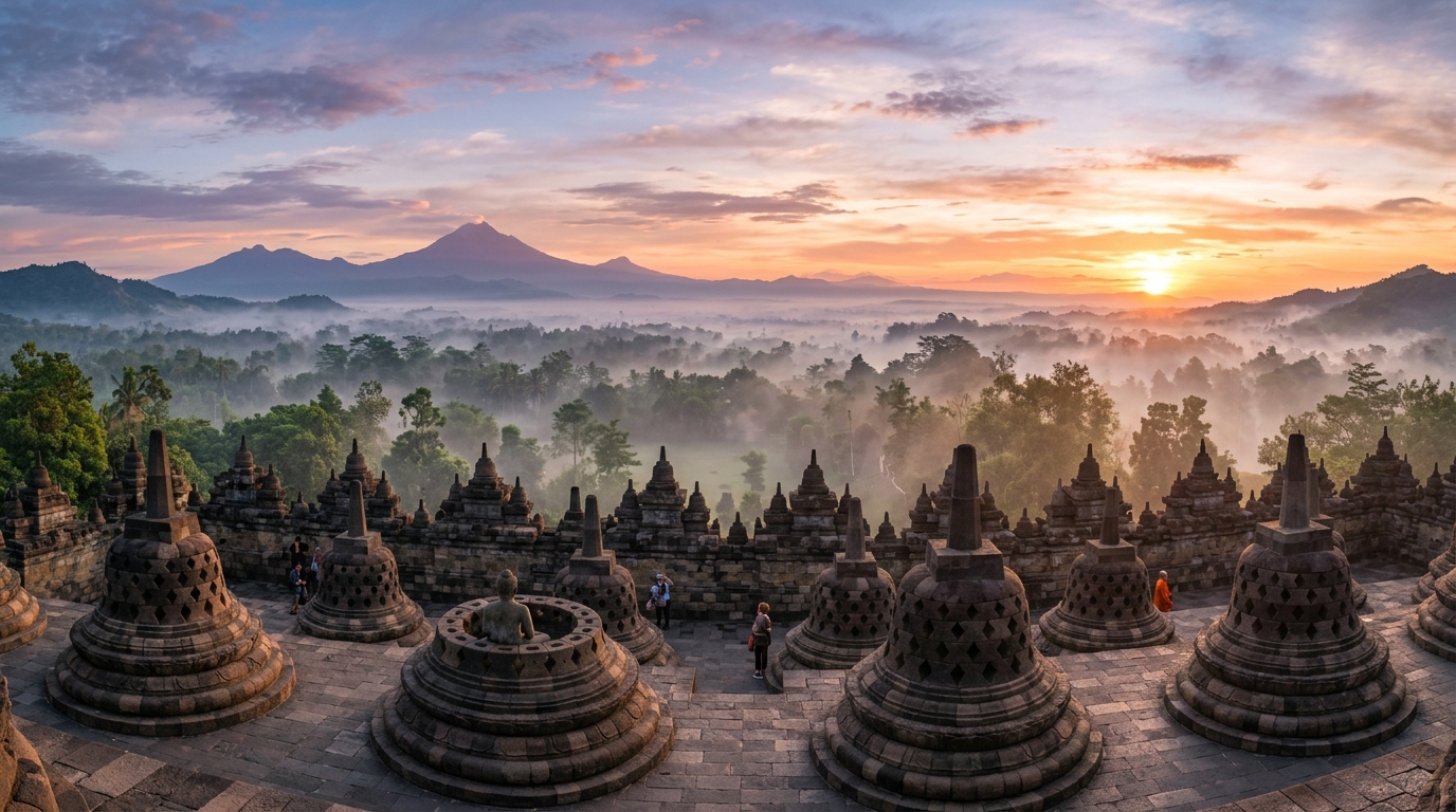 A wide panoramic view of Borobudur Temple at sunrise, with mist rising from the jungle and volcanoes in the distance under a warm, golden sky.