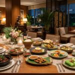 Best Restaurants in Jakarta 2025: Top-Rated Places to Eat A wide shot of a beautifully set dining table in a high-end Jakarta restaurant, with a diverse array of exquisitely presented Indonesian dishes, soft lighting, and elegant decor visible in the background.