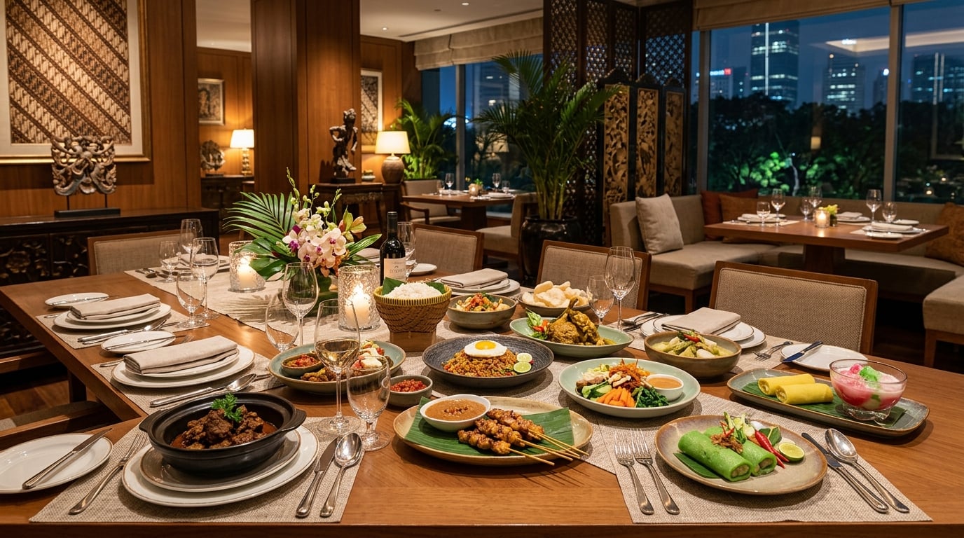 A wide shot of a beautifully set dining table in a high-end Jakarta restaurant, with a diverse array of exquisitely presented Indonesian dishes, soft lighting, and elegant decor visible in the background.
