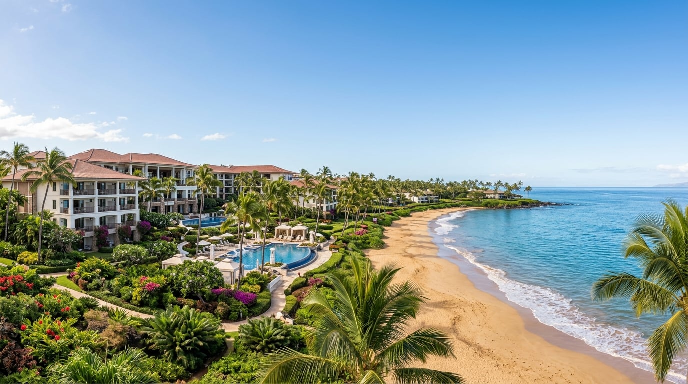 A wide, panoramic view of the Four Seasons Resort Maui at Wailea, showing its elegant low-rise architecture nestled amongst lush tropical landscaping, with the sparkling Pacific Ocean and Wailea Beach in the background under a clear sky.