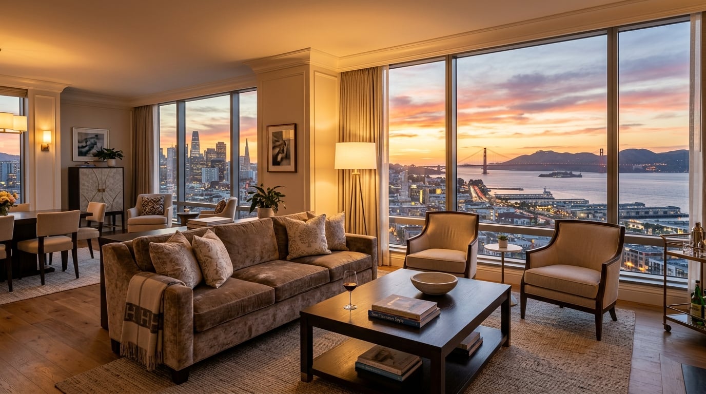 A luxurious suite in a San Francisco five-star hotel with a stunning view of the city skyline and the iconic Golden Gate Bridge at dusk.