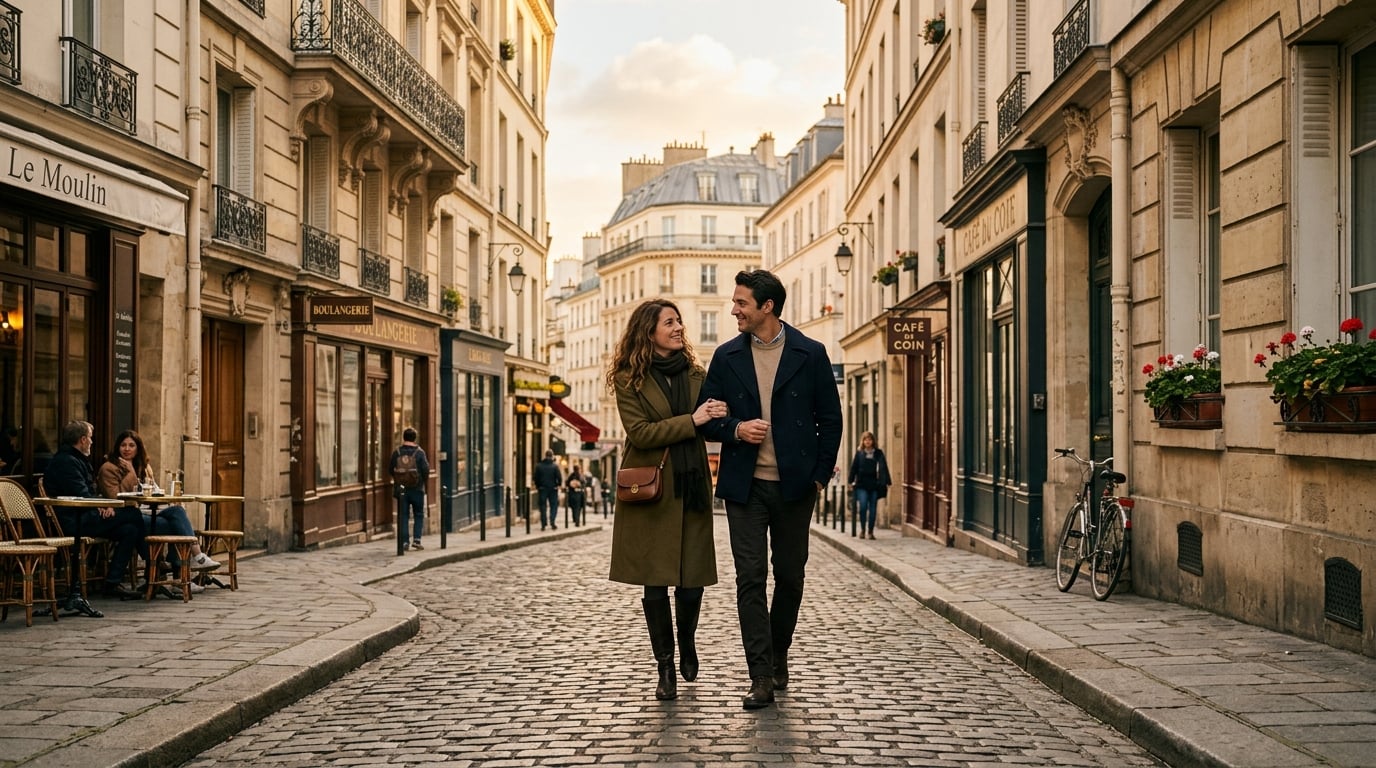 A couple walking hand-in-hand through a charming Parisian street at sunset.