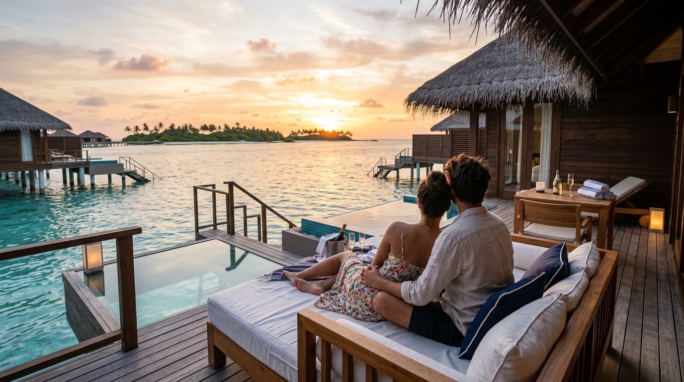 Couple relaxing on a private overwater bungalow deck at sunset.