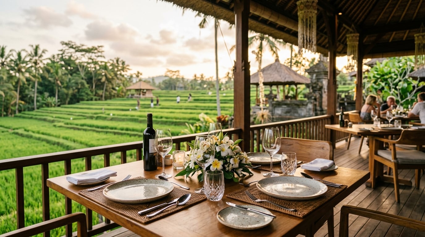 A wide, inviting shot of a beautifully set table at an open-air restaurant in Ubud, Bali, with lush green rice paddies and tropical foliage in the background, suggesting a serene dining experience.