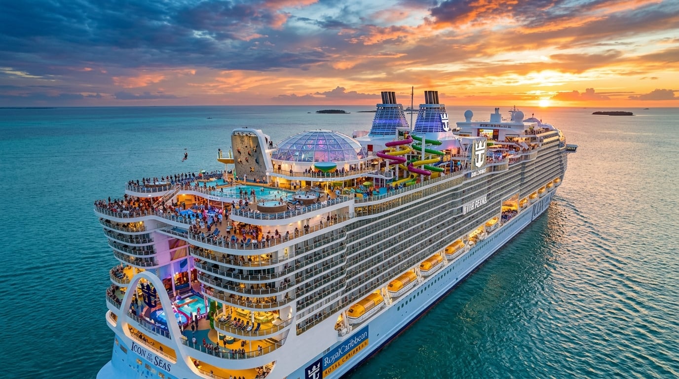 A luxurious Royal Caribbean cruise ship, perhaps the Icon of the Seas, sailing through clear blue waters with a vibrant sunset in the background, showcasing various onboard activities and excited passengers enjoying their ultimate vacation experience.