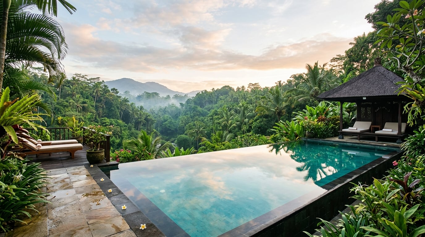 A serene, luxurious infinity pool overlooking a lush, tropical jungle valley in Ubud, Bali, with sunlight filtering through the trees.