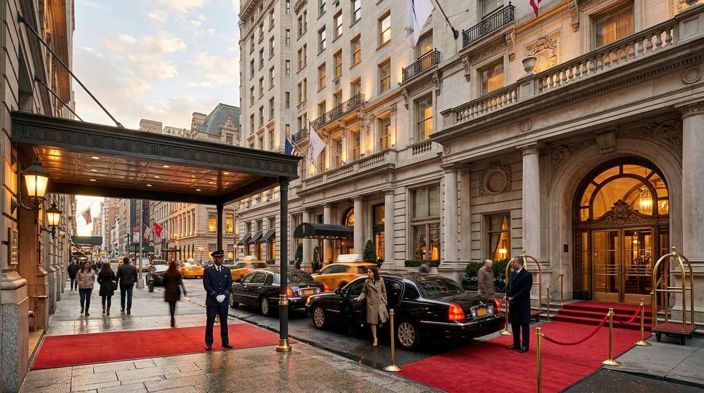 A luxurious and iconic hotel facade in Manhattan, showcasing classic architecture and a welcoming entrance with a doorman, reflecting the prestige of top hotels in the city.