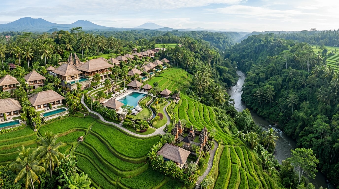 An aerial view of a luxurious resort nestled within lush green rice paddies and tropical jungle in Ubud, Bali, with a dramatic river gorge in the background.
