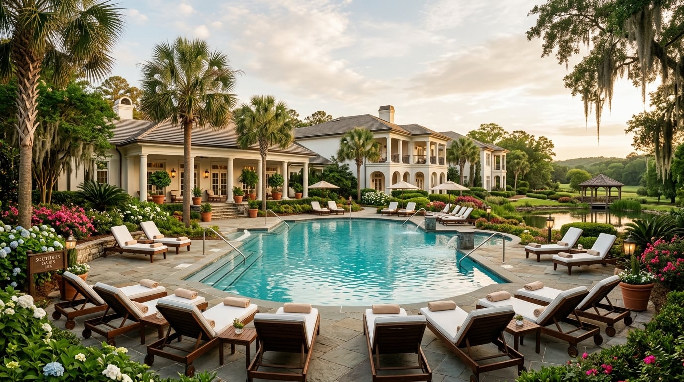 A serene, luxurious outdoor spa setting in the Southern United States, featuring lush greenery, a calming pool, and elegant architectural elements, bathed in soft, natural sunlight.