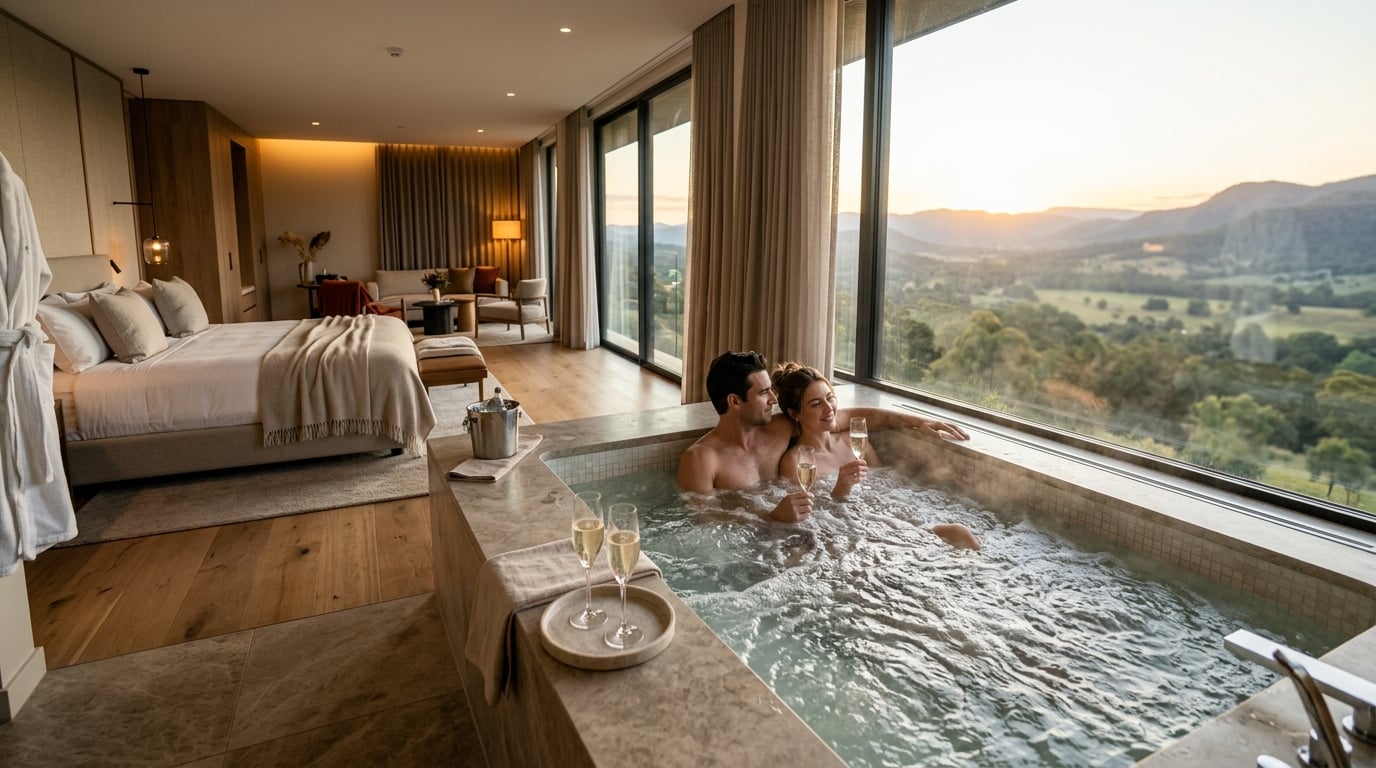 A couple relaxing in a luxurious, modern jacuzzi tub within a spacious hotel suite, illuminated by warm, inviting natural light filtering through a large window, with a scenic view outside.