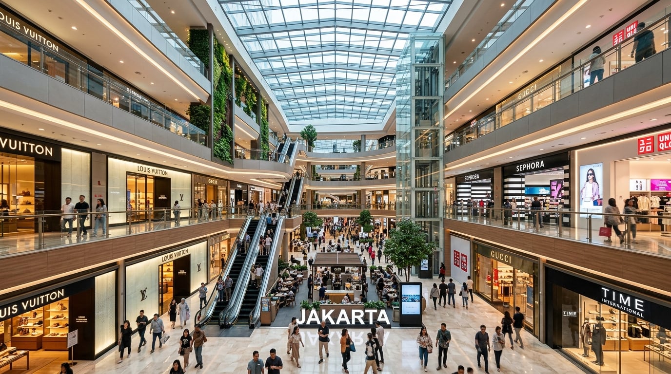 A bustling, modern shopping mall interior in Jakarta with multiple levels, natural light, and a mix of shoppers, showcasing the city's diverse retail experience.