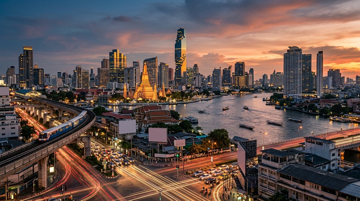 A vibrant panoramic view of Bangkok at dusk, showing a mix of modern skyscrapers, traditional temples, and bustling city life along the Chao Phraya River, with the BTS Skytrain elevated tracks visible.