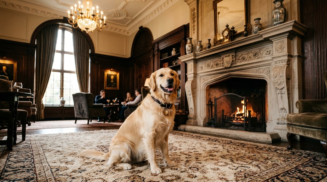 A happy golden retriever sitting by a grand fireplace in a luxurious hotel lounge.