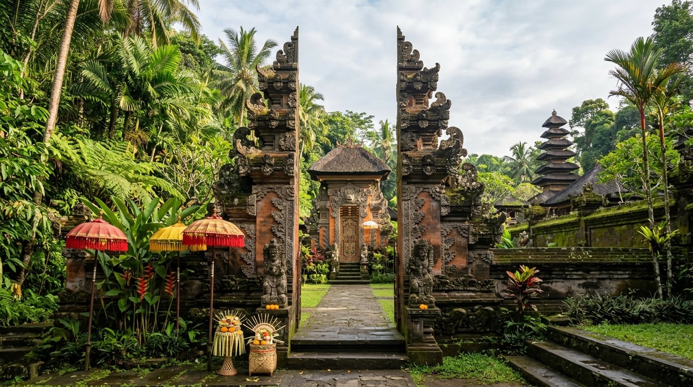 A serene Balinese temple gate framed by lush tropical foliage in Ubud.