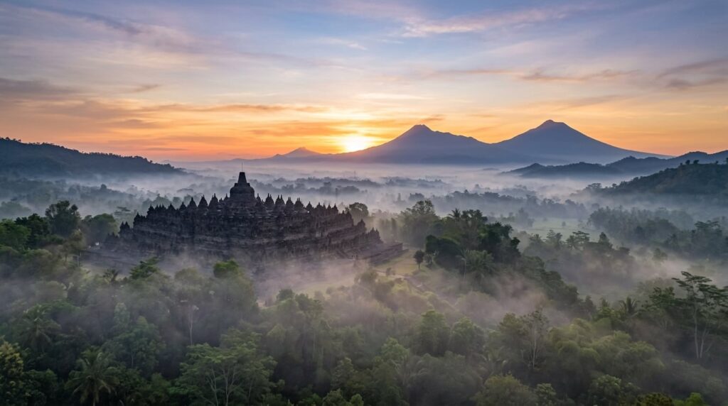 A wide shot of Borobudur Temple at sunrise with mist, showcasing its distinct stupas and the surrounding landscape.