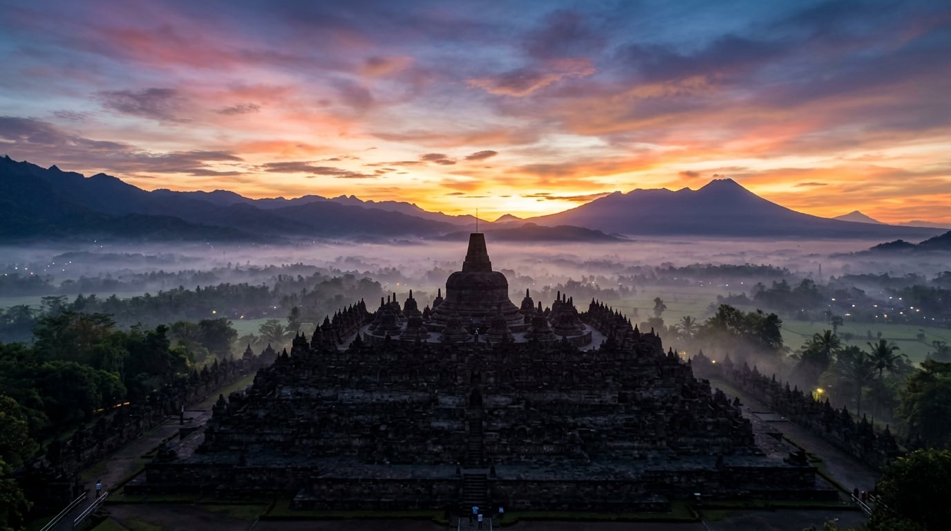 Sunrise over Borobudur Temple with mist and volcanoes in the background