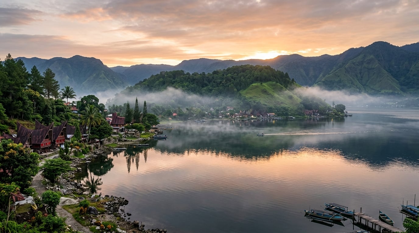 A wide view of Lake Toba with Samosir Island in the distance, surrounded by lush green hills.