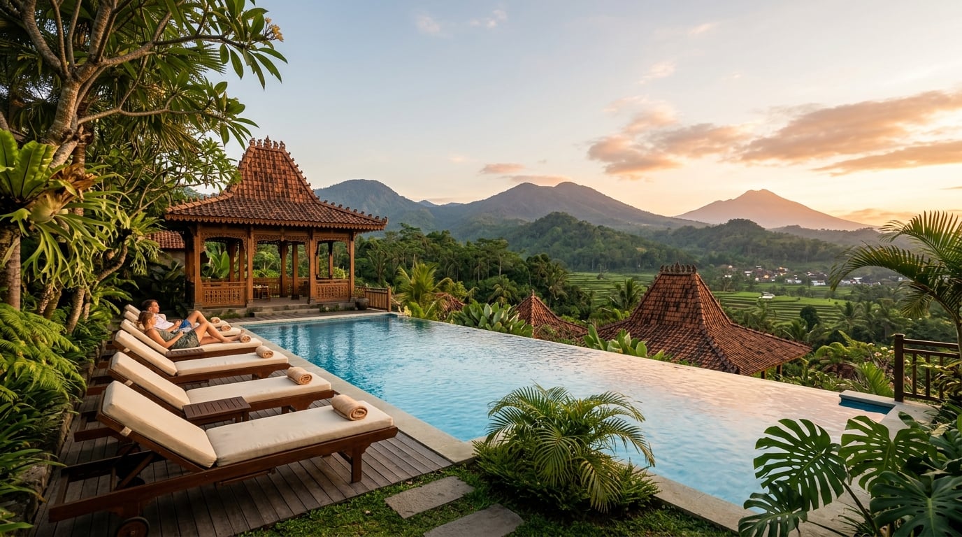 Luxury resort pool overlooking a lush Java landscape with traditional architecture.