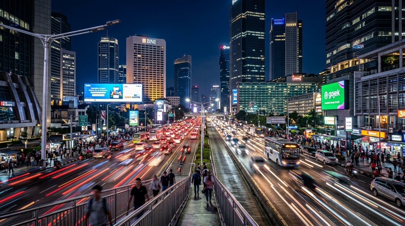 A busy street scene in Jakarta at night, with blurred car lights and illuminated buildings.