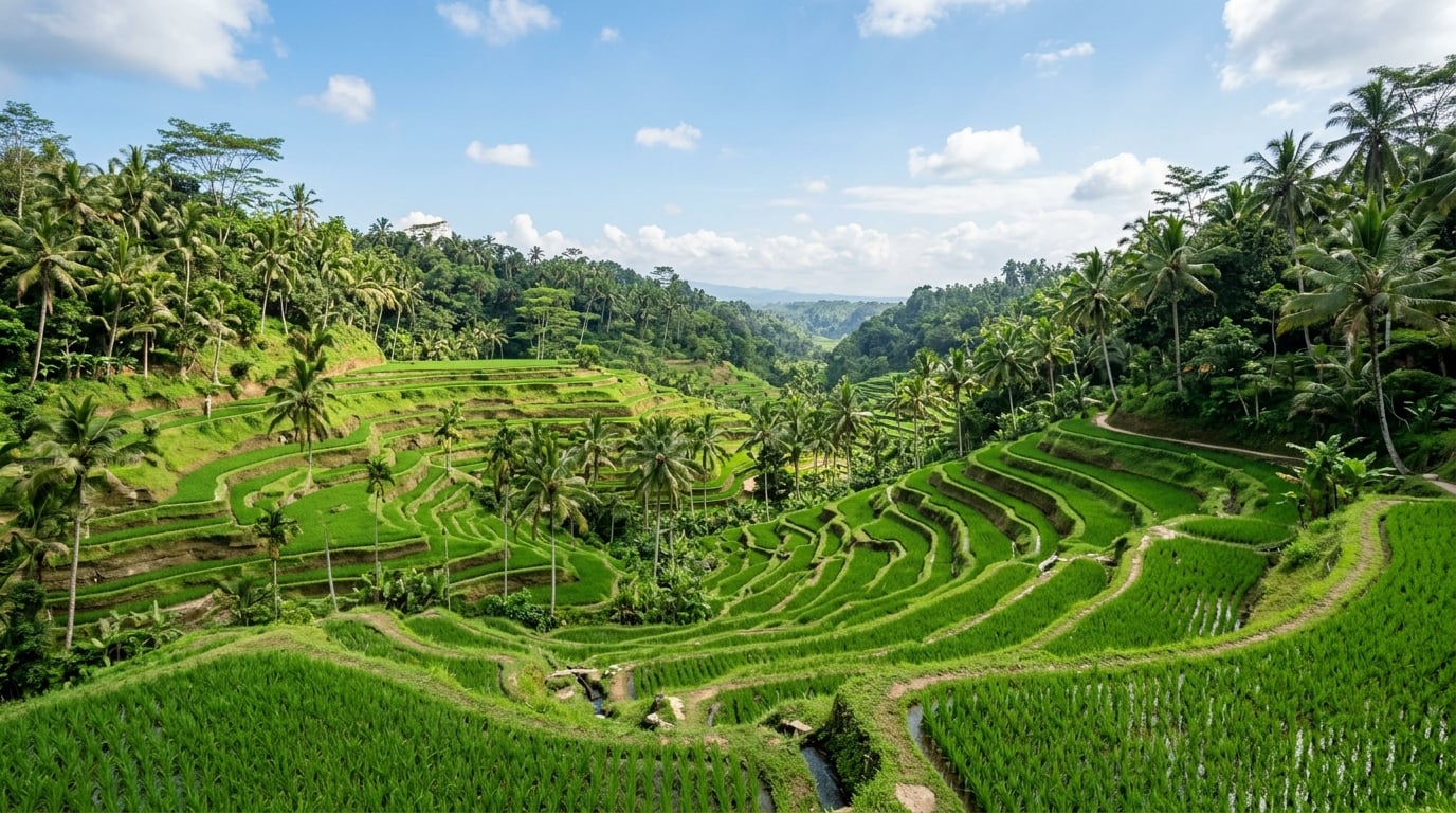 Terraced rice paddies and palm trees under a bright sky in Ubud.