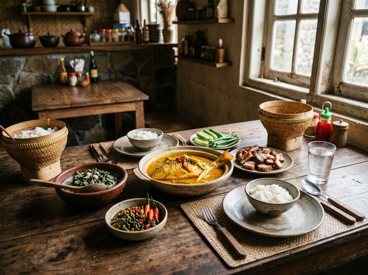 A rustic, home-style table at Jenny's Restaurant featuring authentic Batak dishes like arsik ikan mas and sayur daun ubi tumbuk, in a cozy setting.
