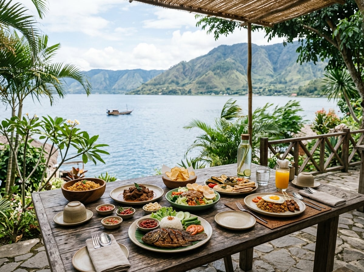 An outdoor dining area at Tabo Cottages Restaurant on Lake Toba, featuring a wooden table set with international and Indonesian dishes and a scenic view of the lake.