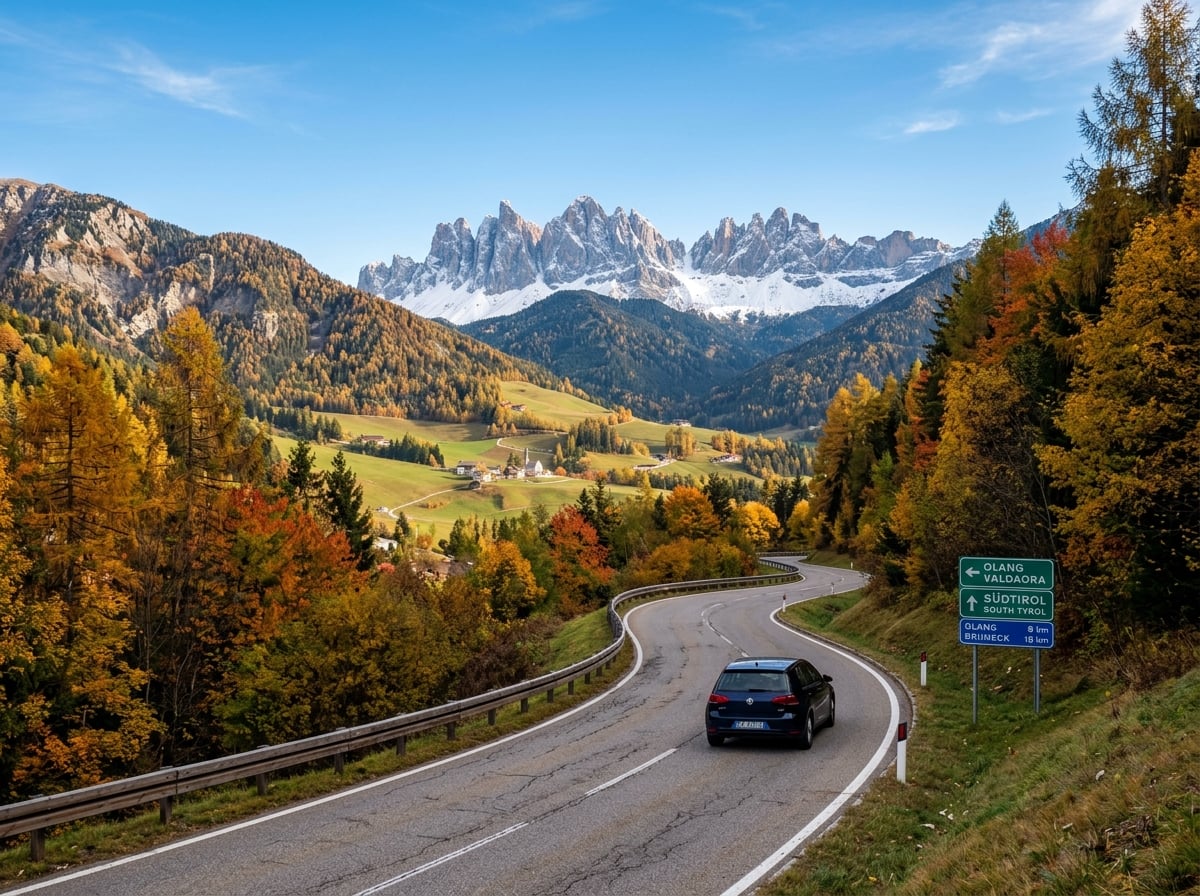 A scenic road winding through an Alpine valley during autumn, leading towards a distant view of mountains, with signs indicating directions to South Tyrol or specific towns like Olang, conveying a sense of travel and arrival.