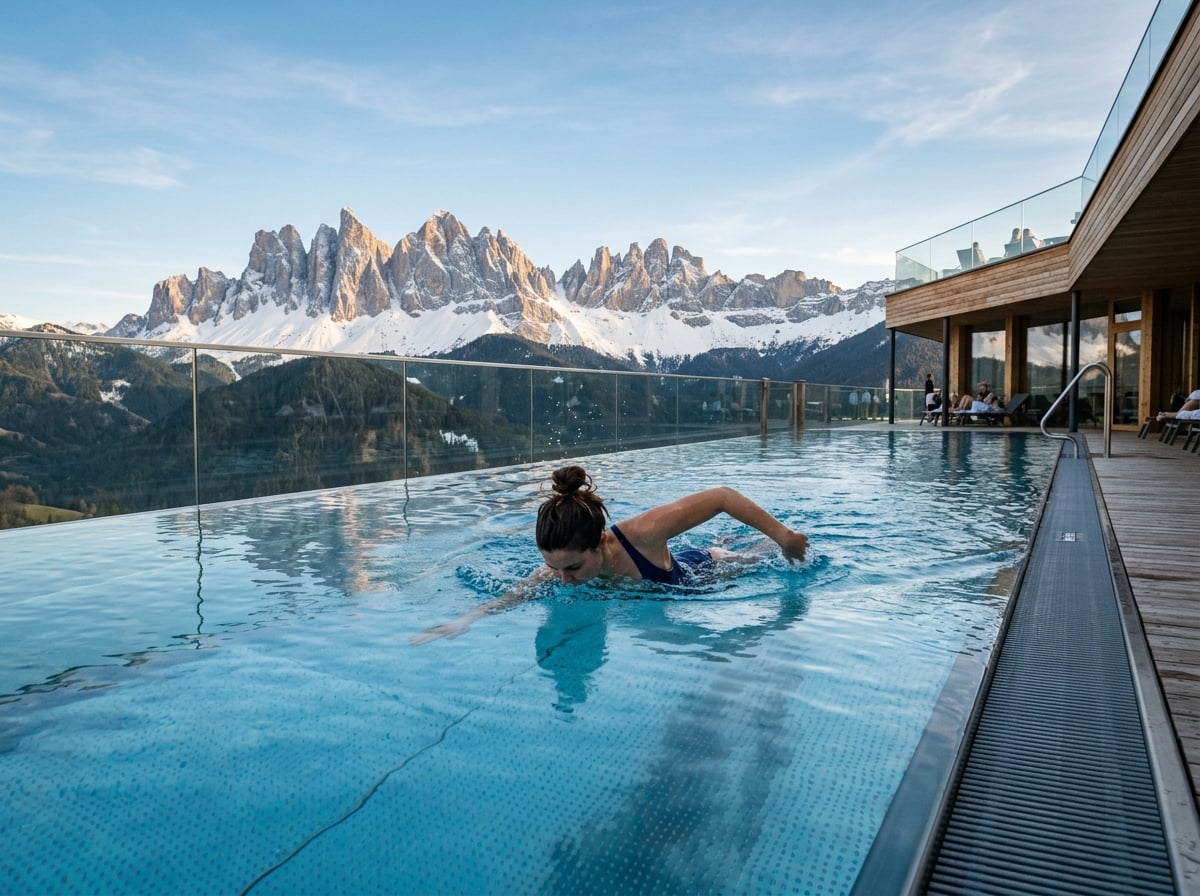 A close-up, eye-level view of a person swimming in the iconic rooftop infinity pool of Alpin Panorama Hotel Hubertus, creating the illusion of floating above the valley, with the dramatic Dolomites in the background.