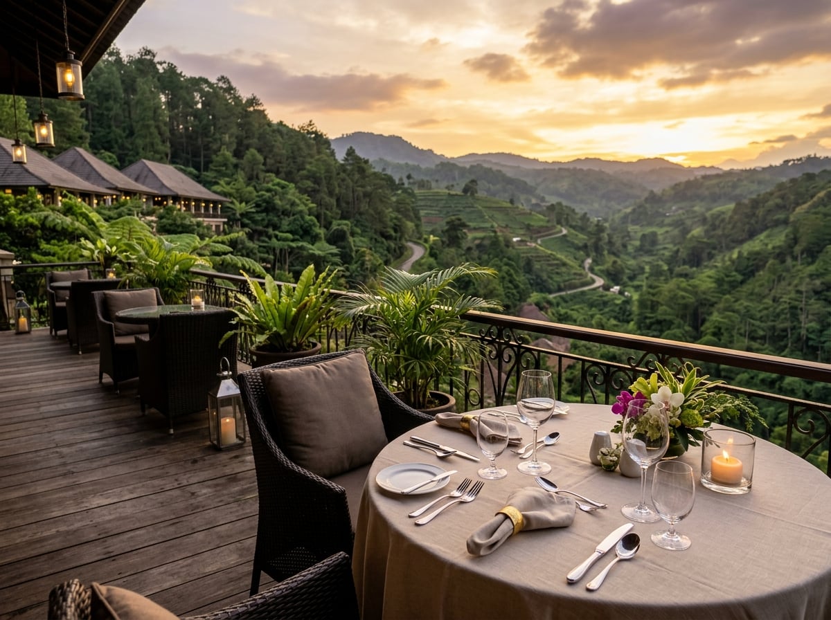A luxurious outdoor dining terrace at The Restaurant at Padma Hotel in Bandung, overlooking a lush green valley at sunset, with elegantly set tables and soft ambient lighting.