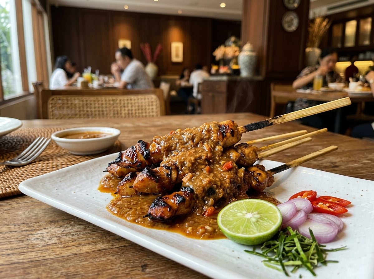 A close-up of perfectly grilled chicken satay skewers with a rich peanut sauce and a lime wedge, presented on a traditional rectangular plate, showcasing the classic Indonesian dish from Sate Khas Senayan in Jakarta.