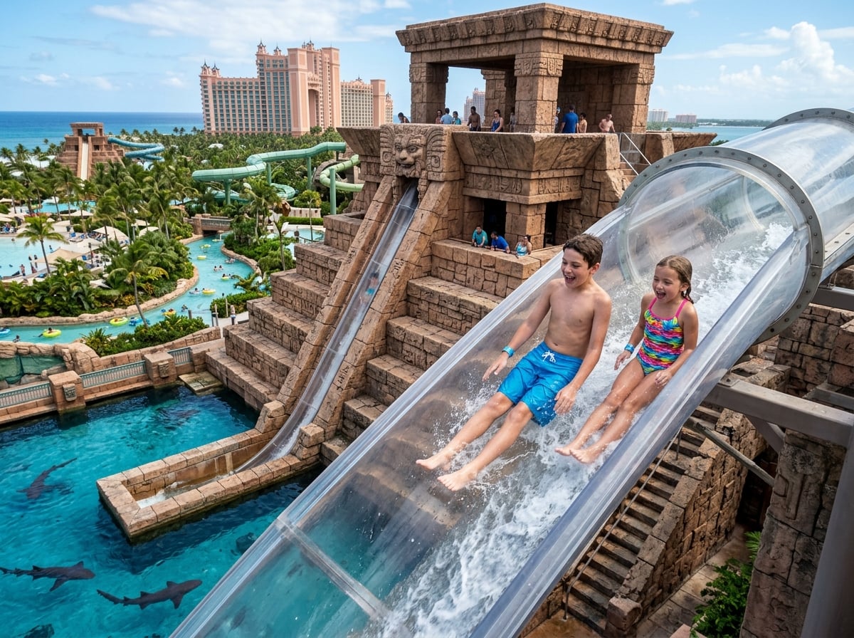 Children sliding down the iconic 'Leap of Faith' water slide at Atlantis, Paradise Island, with the Mayan temple architecture and lush water park visible.