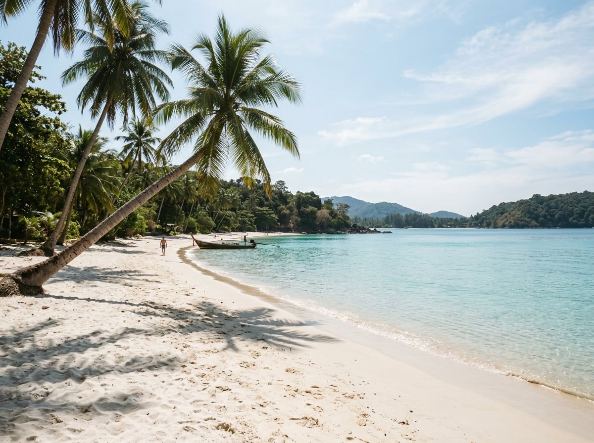 A serene beach scene in Phuket with calm turquoise water, fine white sand, and a few palm trees providing shade. The beach is uncrowded, highlighting its relaxing atmosphere.