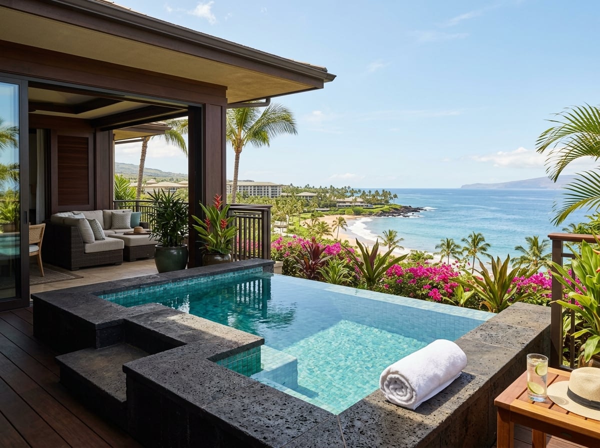 A private plunge pool at the Four Seasons Resort Maui, with views of the Wailea coastline and the Pacific Ocean.