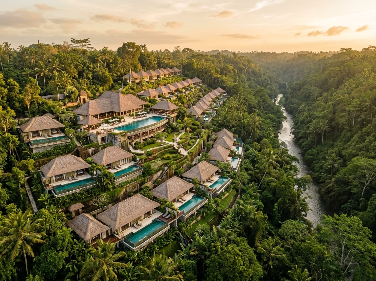 An aerial view of Viceroy Bali showing private infinity pools of villas nestled within the Petanu River valley jungle, near Ubud.